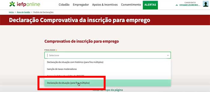 Declaração para fins múltiplos no IEFP Online