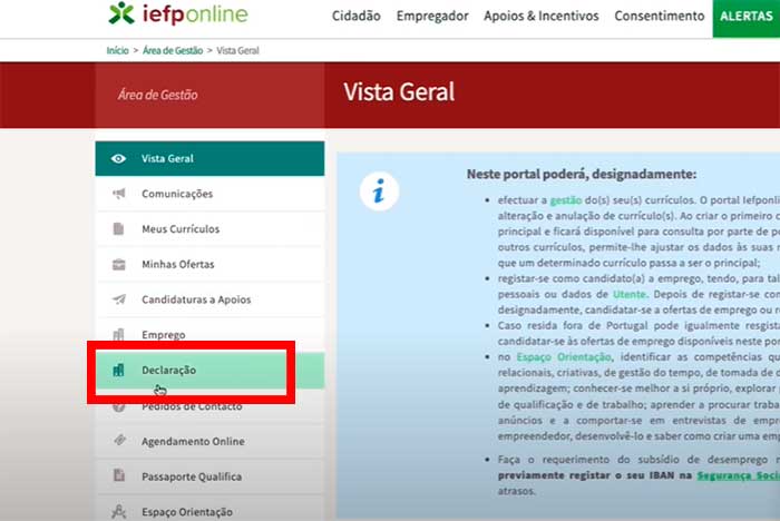 Opção de emitir declaração no IEFP Online