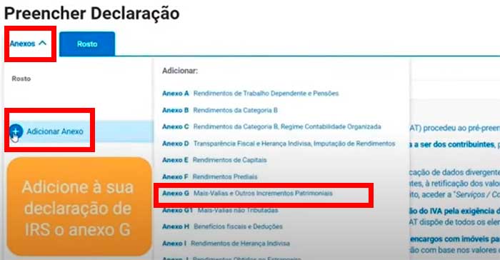 adicionar anexo g preencher declaracao