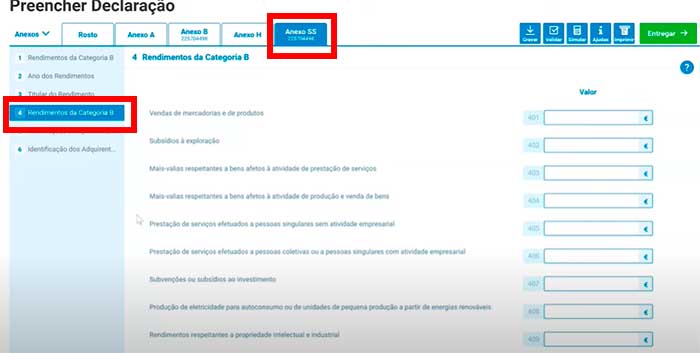 Quadro 4 do Anexo SS – rendimentos para Segurança Social