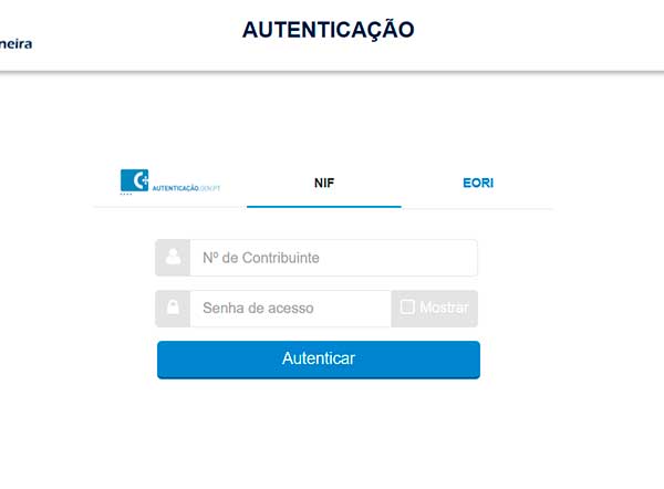 Ecrã de autenticação no Portal das Finanças