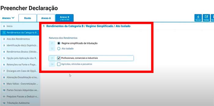 preencher declaracao anexo b quadro 1