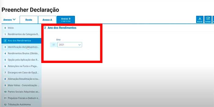 preencher declaracao anexo b quadro 2 ano dos rendimentos