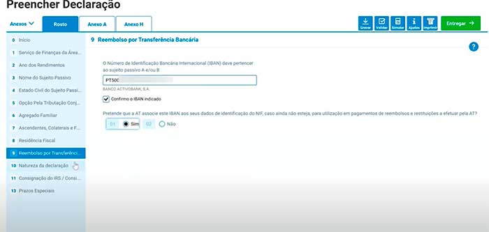 Campo para IBAN e reembolso